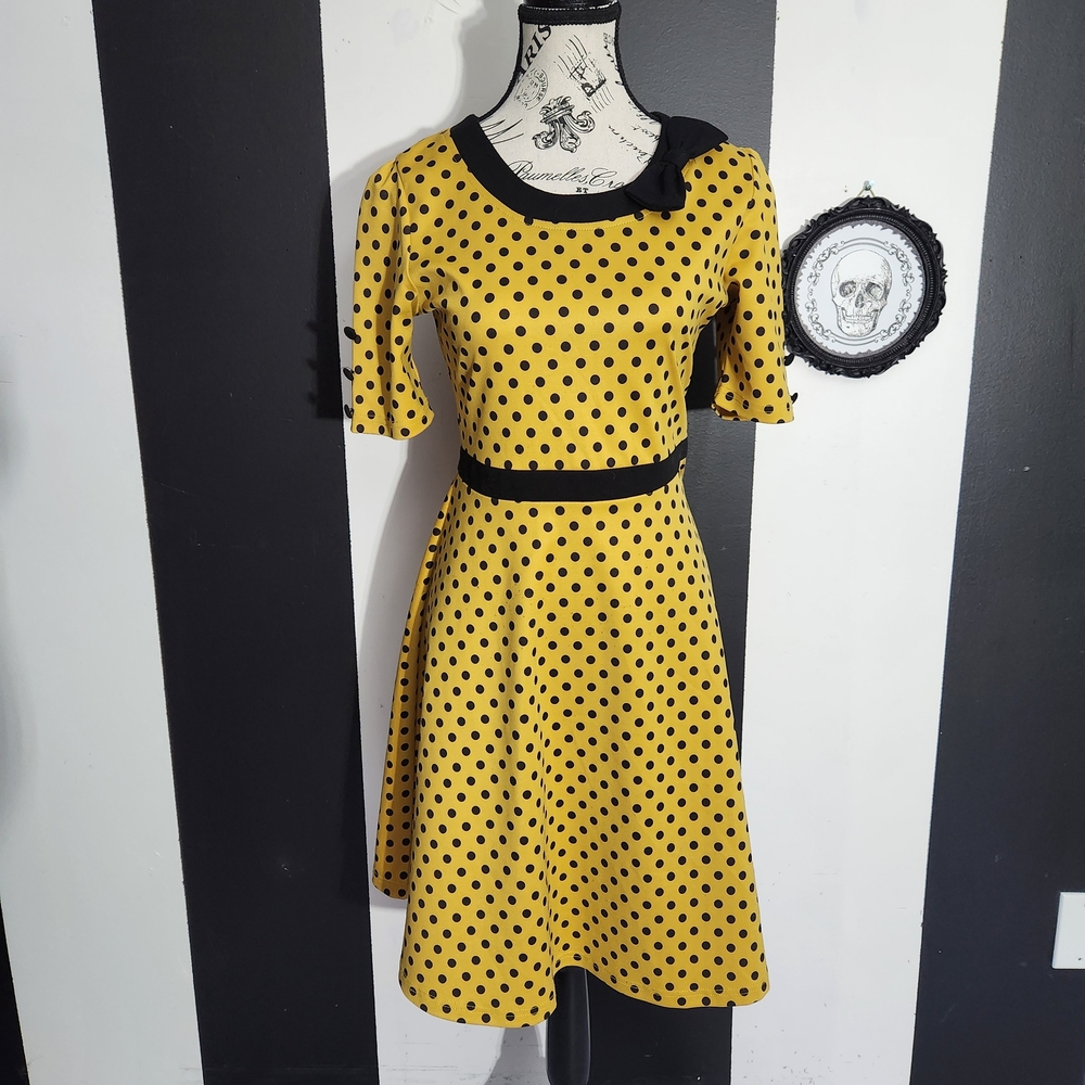Sourpuss Yellow and Black Polka Dot Midi Dress